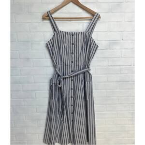 Striped Button-Front Midi Dress with Waist Tie - Gray/White